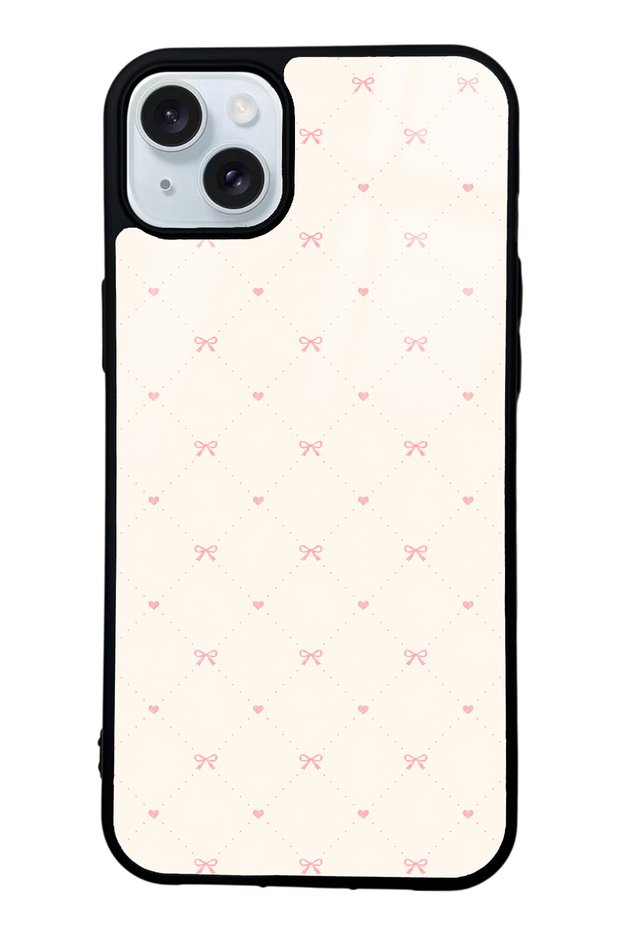 iPhone 15 Plus Cream Pink Coquette Pattern Design Glossy Phone Case