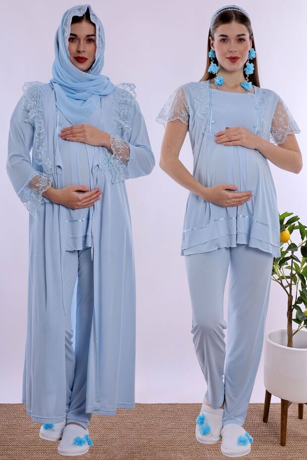 Hijab-Friendly Adjustable Waist Elasticated Maternity Pajama Set with Dress Effortt - Blue