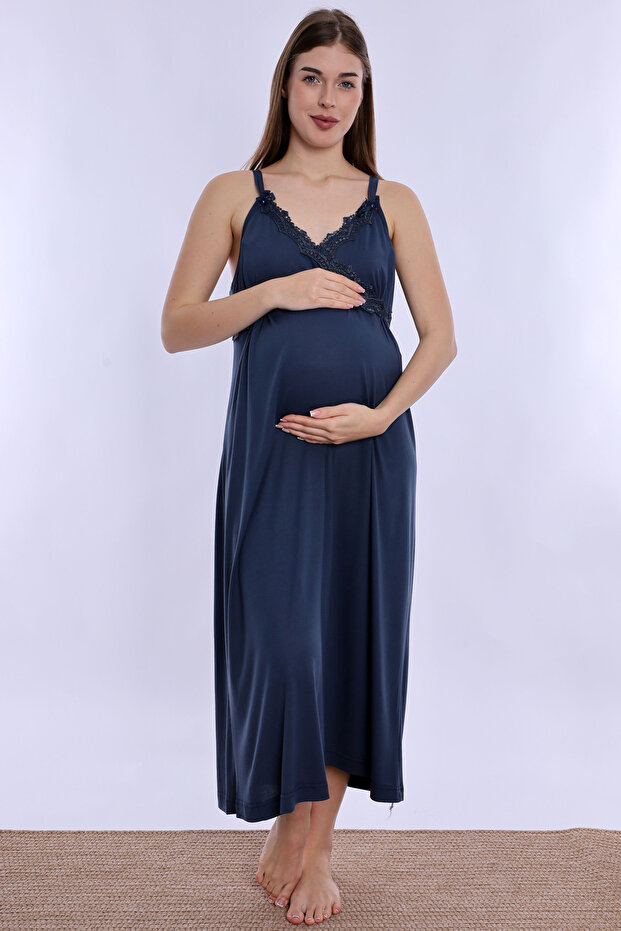 Cotton Rope Strap Maternity Nightgown with Breastfeeding Feature Effortt - Navy Blue