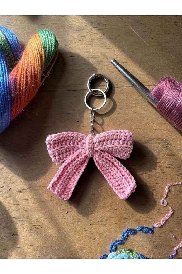 Hand Knitted Bow Keychain – Pink Ribbon Bag Charm