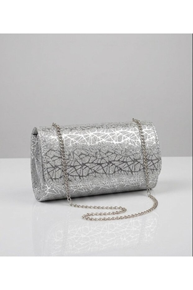Evening Dress Bag Silvery Silver Shiny Hand and Shoulder Bag with Chain