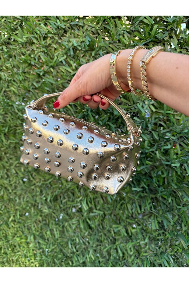 Women's Gold Metallic Studded Baguette Handbag