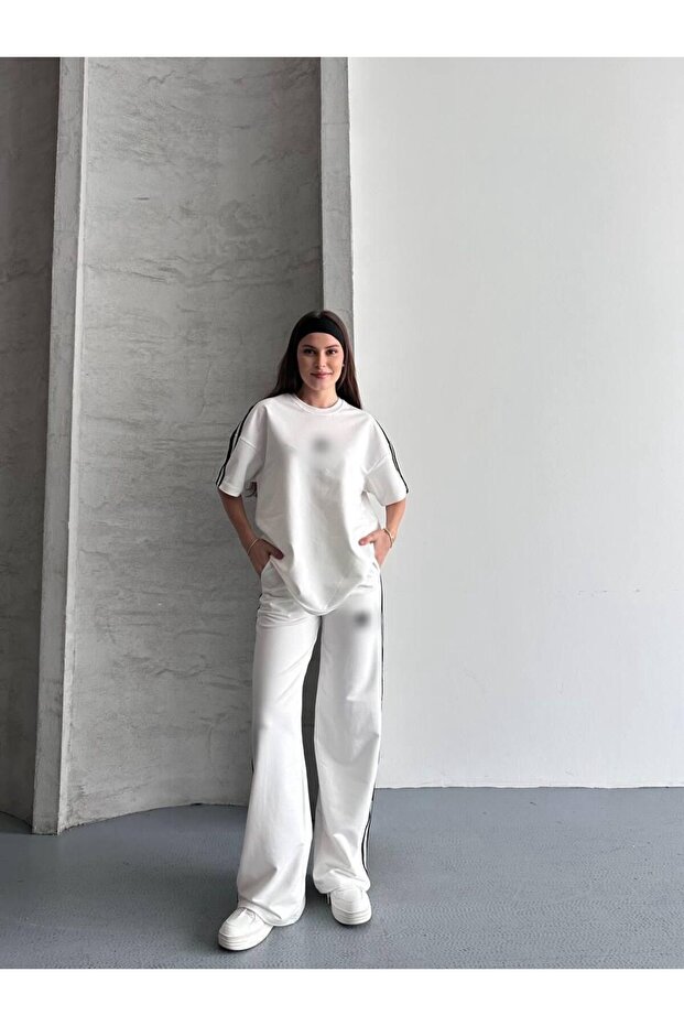 Striped Short Sleeve White Tracksuit Set