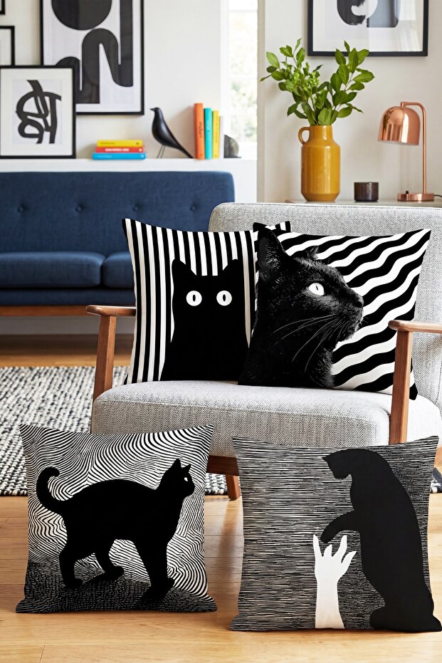 Striped Cats Patterned 4-Piece Throw Pillow Cover Set