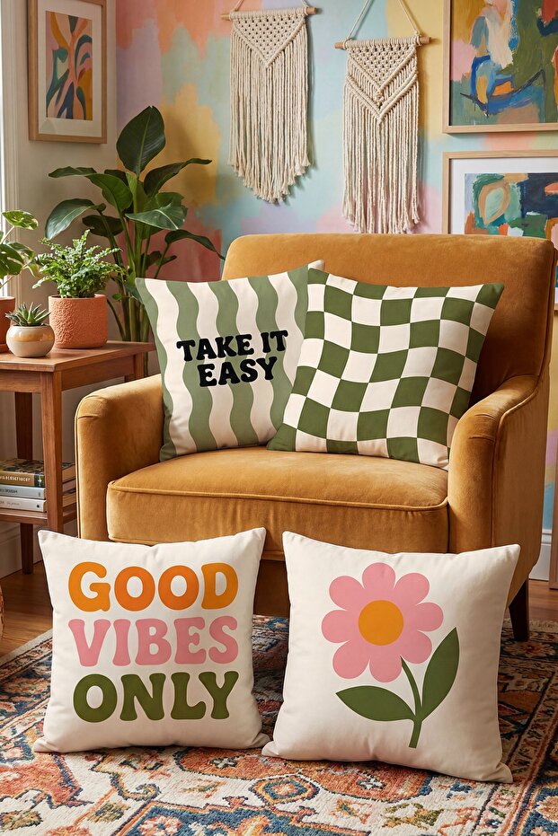 Good Vibes Only Patterned 4-Piece Throw Pillow Cover Set