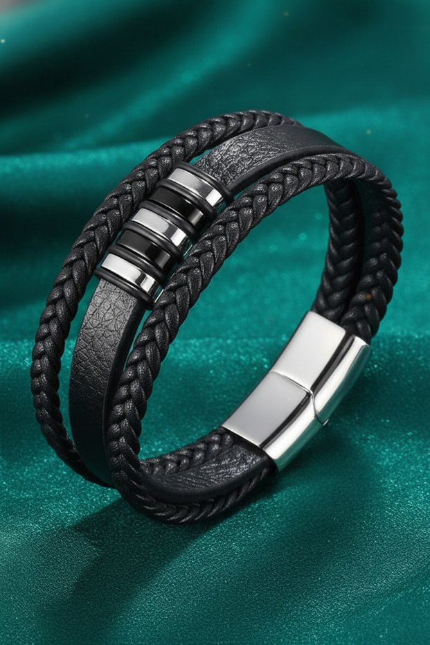 Men's Black Leather Bracelet with Steel Clip and Braided Detail, Multiple Bracelets