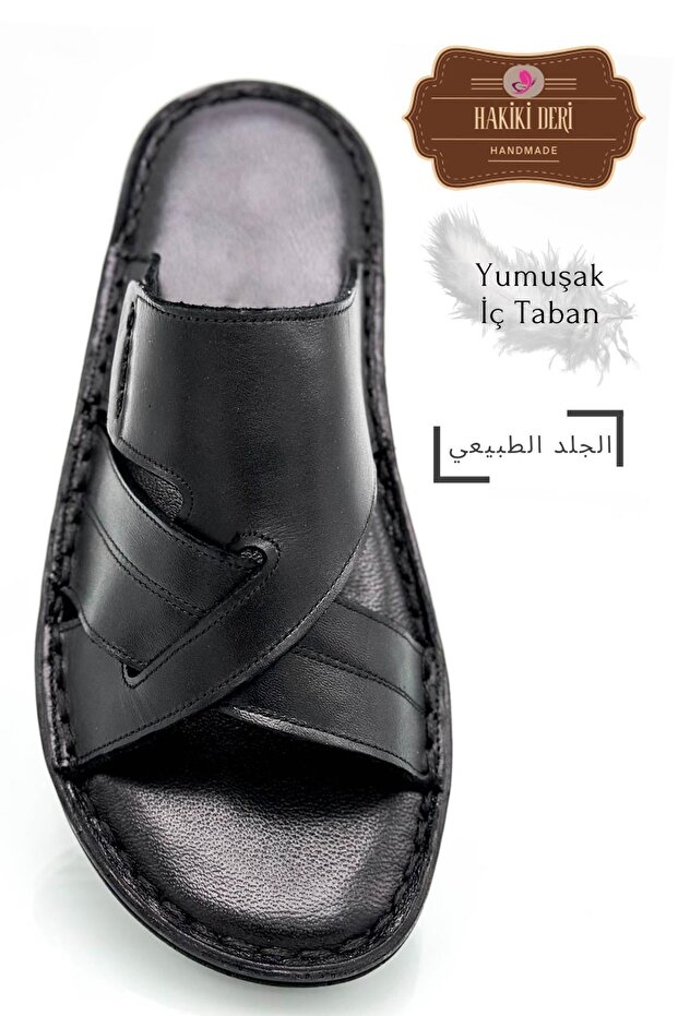Genuine Real Leather Men's Slippers Lightweight Slippers Leather G Black