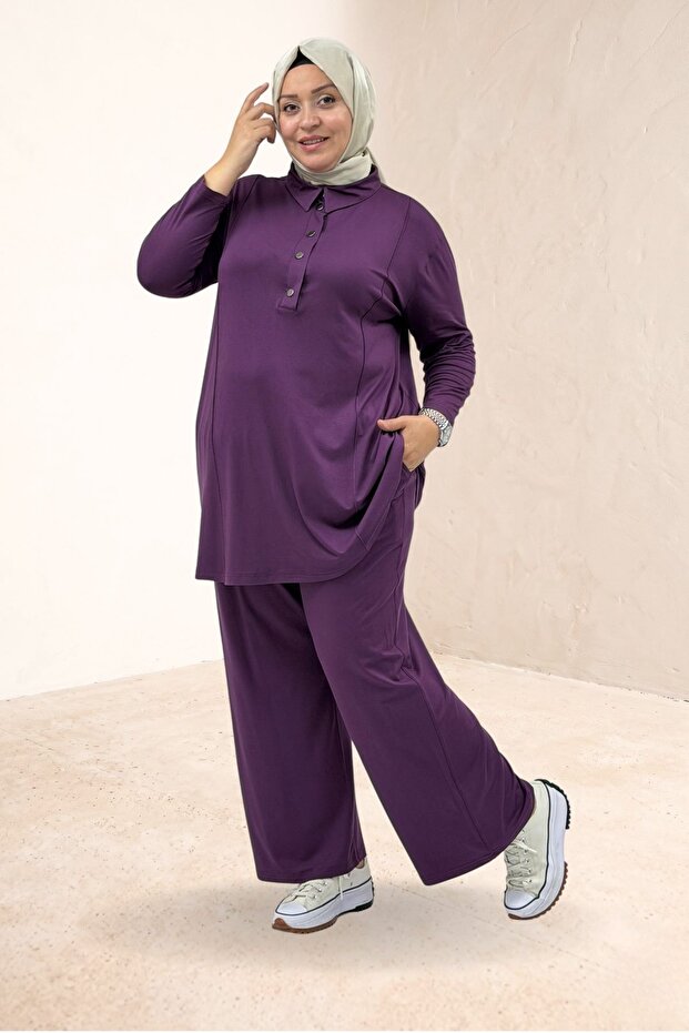 67008 Plus Size Men's Collared Half Placket Combed Cotton Trouser Suit - Plum