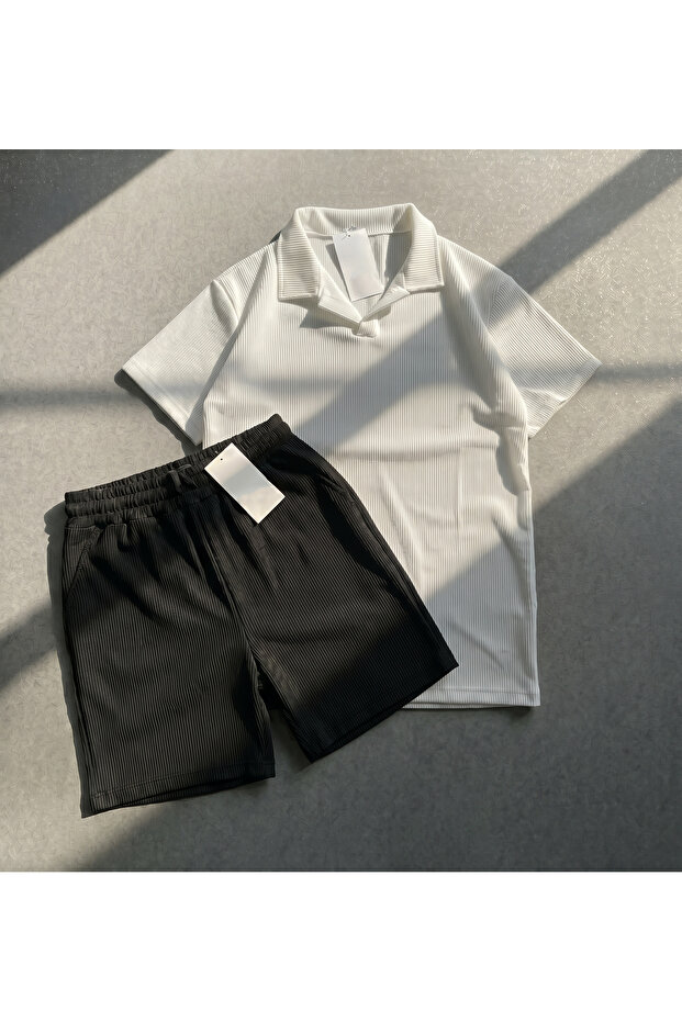 Men's Ribbed Polo T-Shirt and Shorts Set Ottoman Fabric Regular 2-Piece
