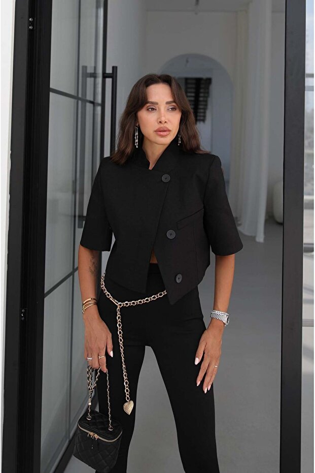 Black Valen Linen Short Sleeve Blazer Jacket