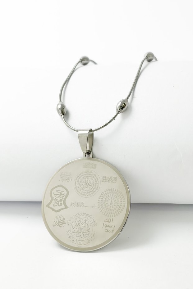 Silver Color Ayetel Kürsi & Hilye-I Şerif Written Dorika Chain Stainless Steel Necklace