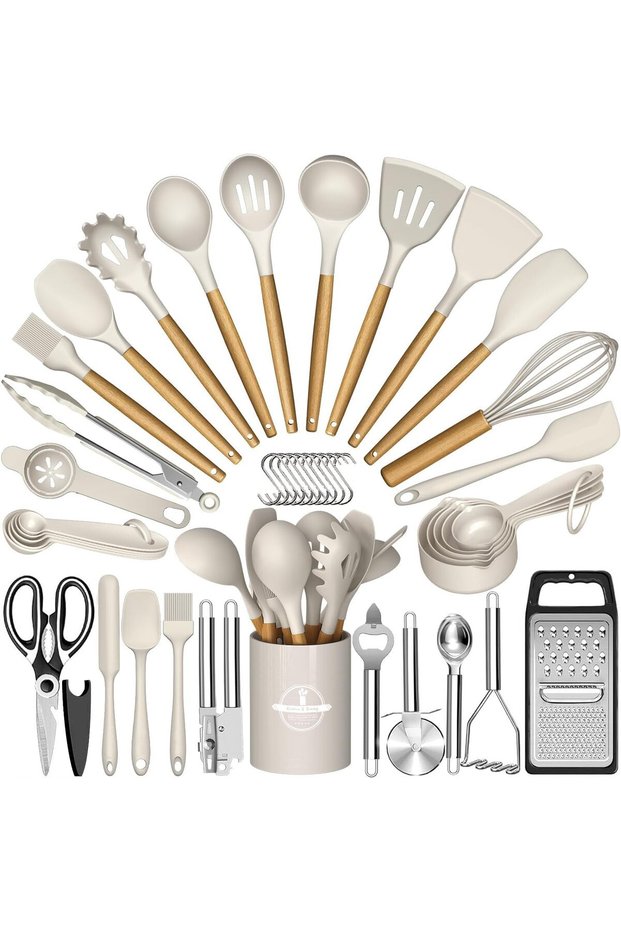 35Pcs Silicone Cooking Utensils Set, Kitchen Utensils Set, Chef Heat Resistant Kitchen Utensil Spatula Set for Nonstick Cookware, Wooden Handles Kitchen Gadgets Tools Set (Khaki)