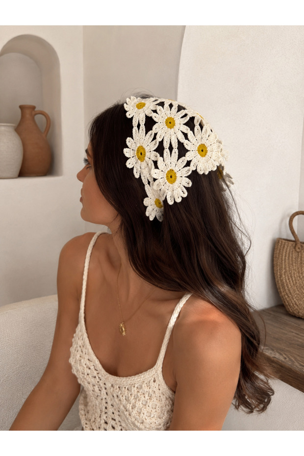 Handmade Daisy Mesh Knitted Bandana – Multi-Purpose Waist Scarf / Bohemian Crochet / Summer Accessory (145X35X35)