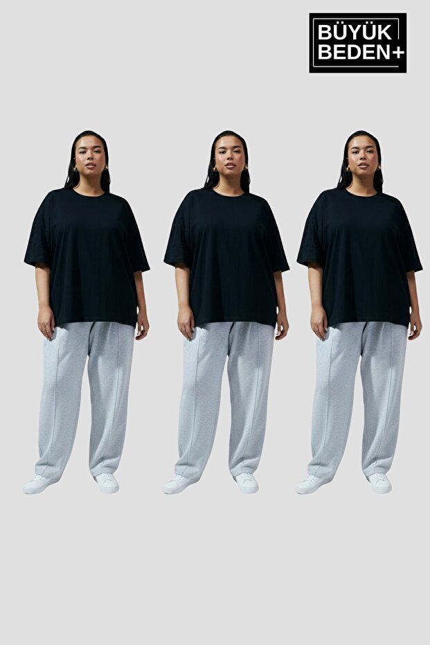 Big Size Women's Basic 3Xl-6Xl Crew Neck 3-Piece T-Shirt Set Spr26Btsk510+3