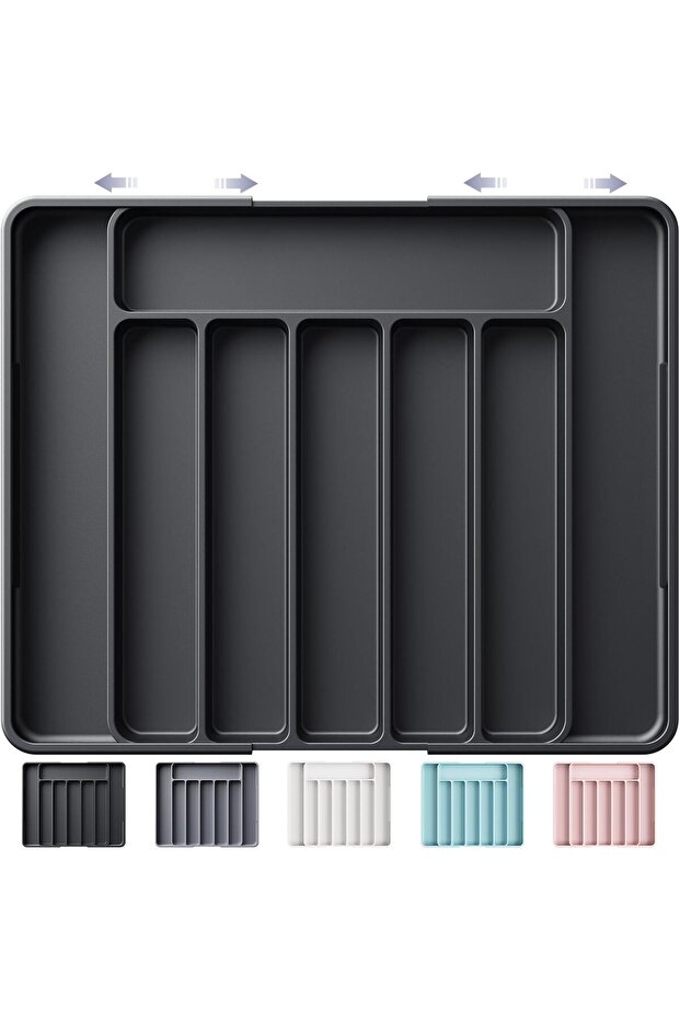 Silverware Organizer - Adjustable Kitchen Drawer Utensil Cutlery Tray, 30.8 × 20.5 × 4.2 cm, Black