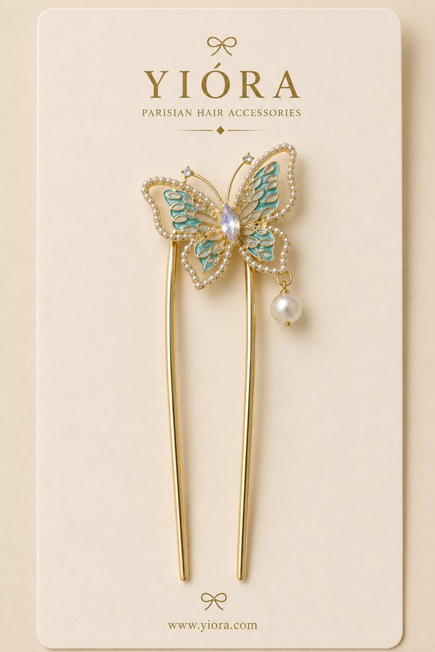 Premium Series Gold Metal Body Butterfly and Pendant Pearl Detailed French U Bun Hairpin 13cm