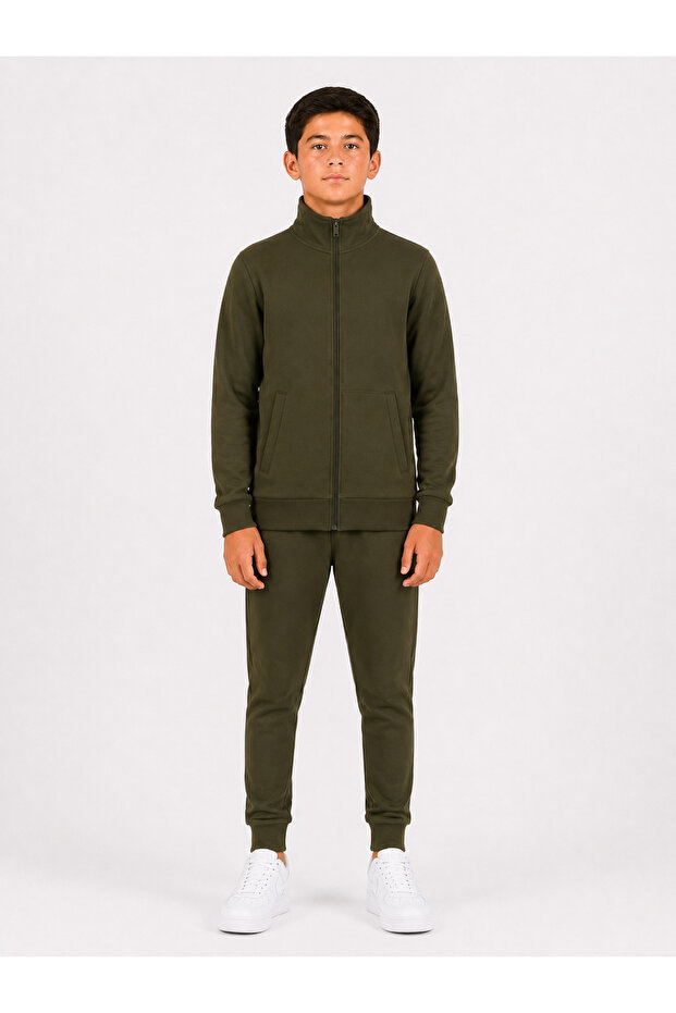 Boy's Cotton Stand Collar Tracksuit Set 26104 - Khaki
