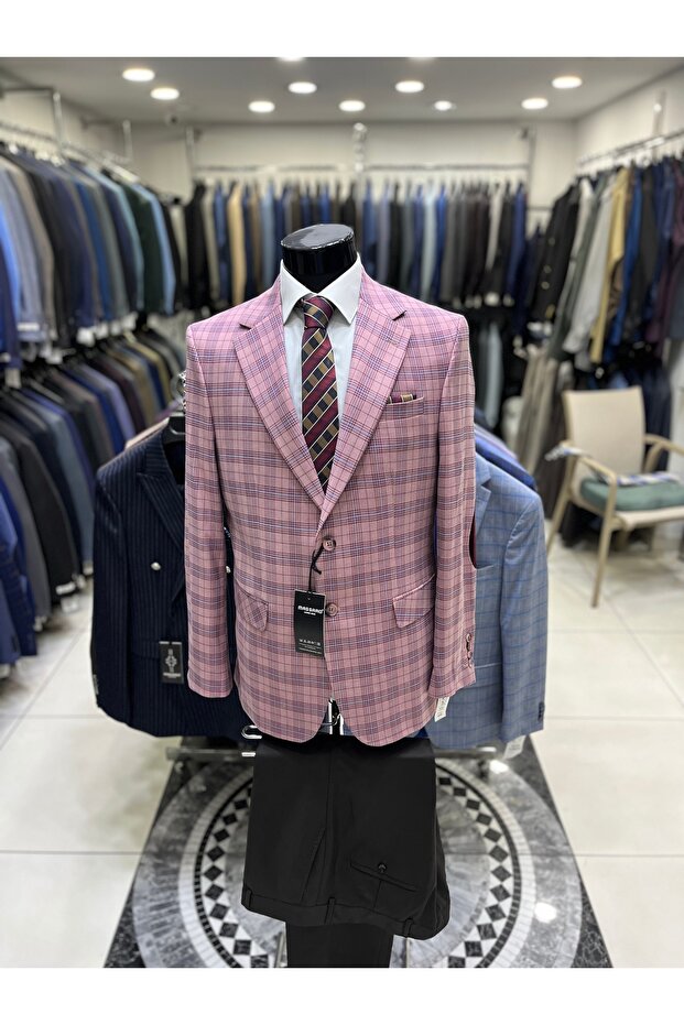 Cotton Combined Men's Suit (Jacket Checked). Pants Black or Navy Blue (Plain)