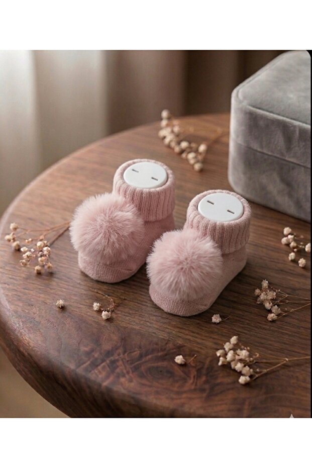 Dried Rose Baby Socks with Pom-Pom Accessories