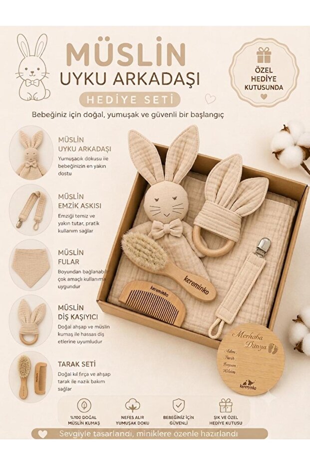 Welcome Baby Gift Set - Goat Hair Comb, Sleeping Companion, Scarf, Pacifier Strap & Teether