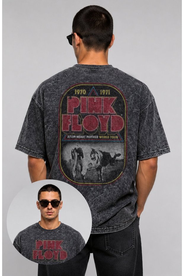 Unisex Oversize Pink Floyd Atom Heart Mother World Tour Back Printed Washable Rock Band T-Shirt