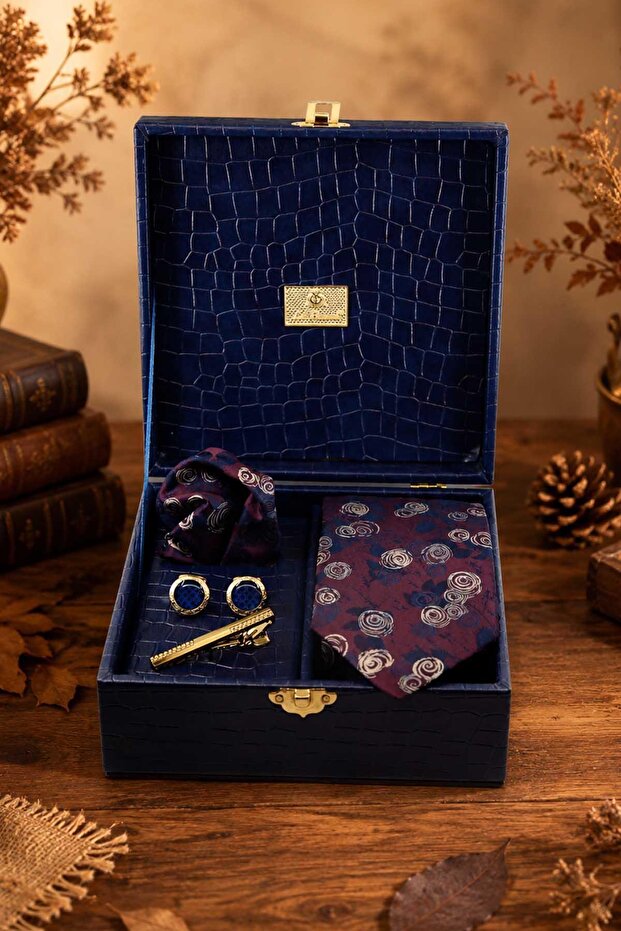 Navy Blue Men's Gift Box - Tie with Handkerchief, Cufflinks, Tie Clip Kmk246