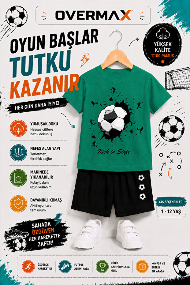Kick in Goal Printed Kids' Set – T-Shirt & Shorts 2-Piece Combination | Trendy Summer Set for Ages 1-12