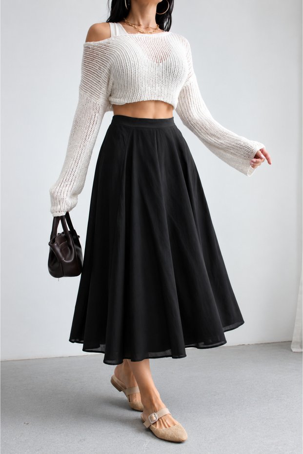 Crep Women's Midi Length Lined Voile Skirt High Waist Flowy Flared Skirt