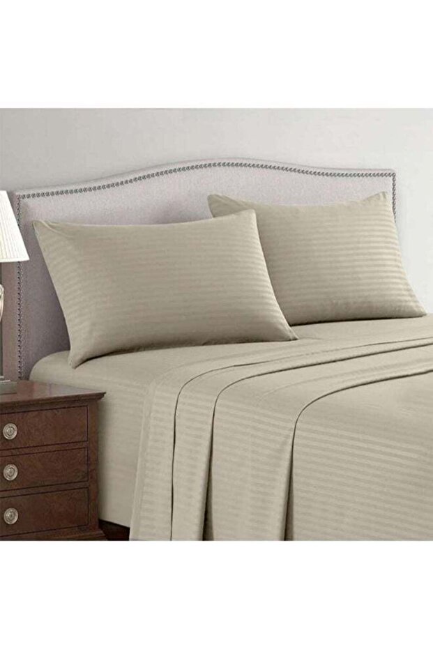 3-Piece Queen Bed Sheet Set – 100% Cotton Sateen Stripe Patterned – Stone