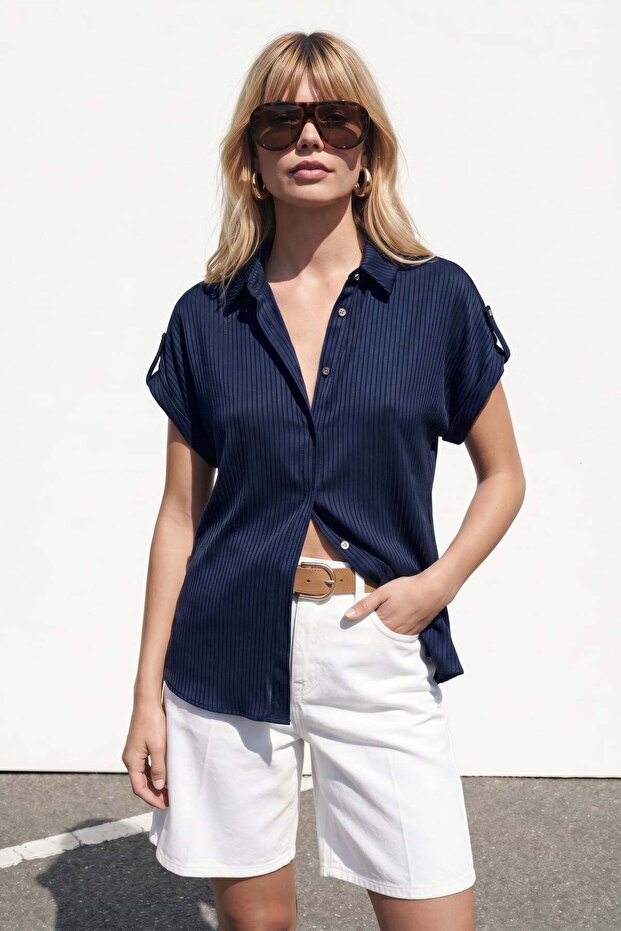 Stripe Patterned Short Sleeve Shirt - Navy Blue