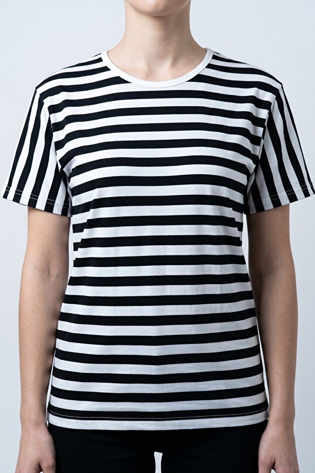 Women's Black and White Crew Neck Striped T-Shirt