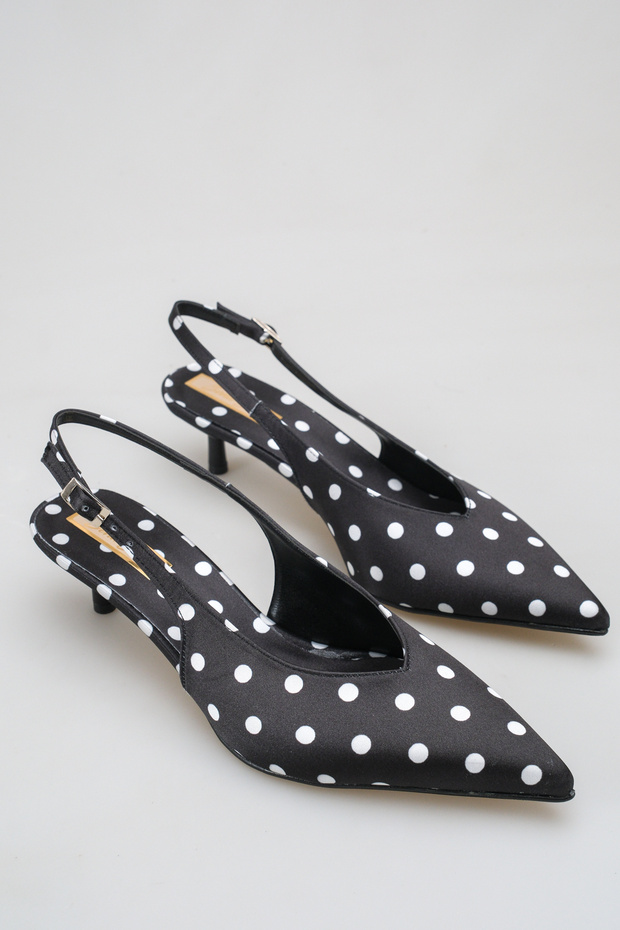 H01 Women's Polka Dot Pointed Toe Open Back Slingback Low-Cut Stylish Short 4 cm Heeled Shoes