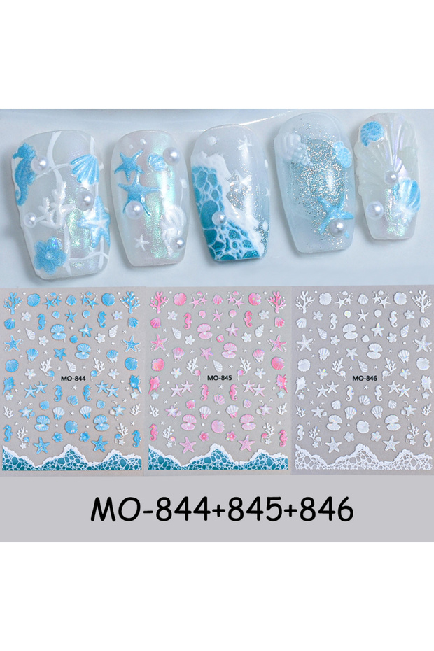 MO-844-845-846 3D Laser Sea Starfish Seashell Nail Stickers Glass Ocean Seahorse Coral Nail Sliders