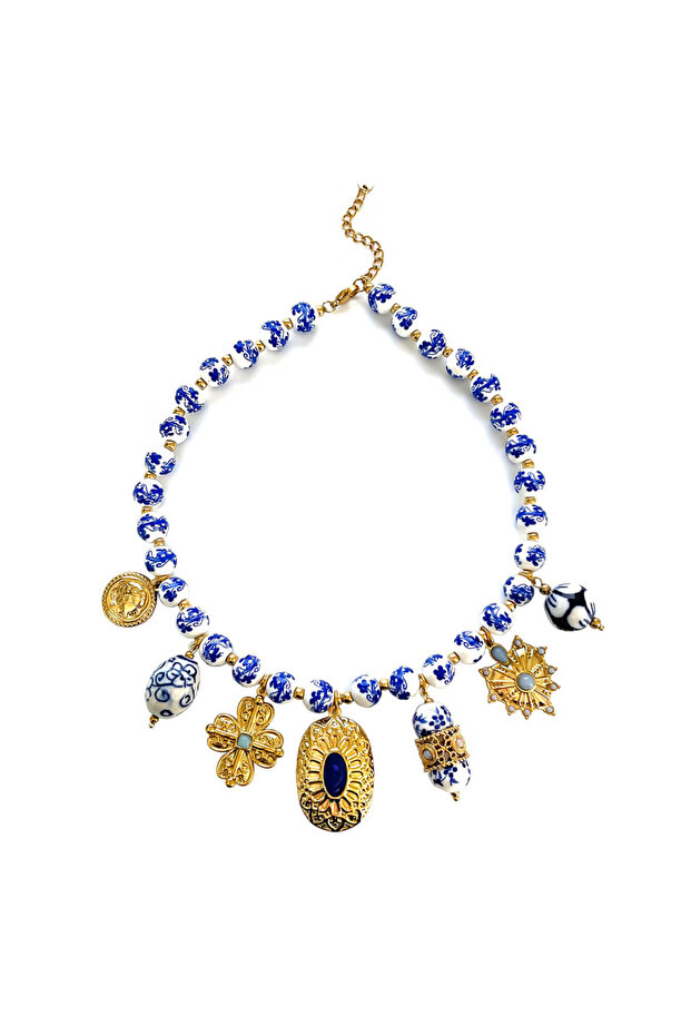 gold Peri'sbox Blue White Porcelain Ceramic Resin Beads Multiple Heart-Shaped Floral Pendants Women