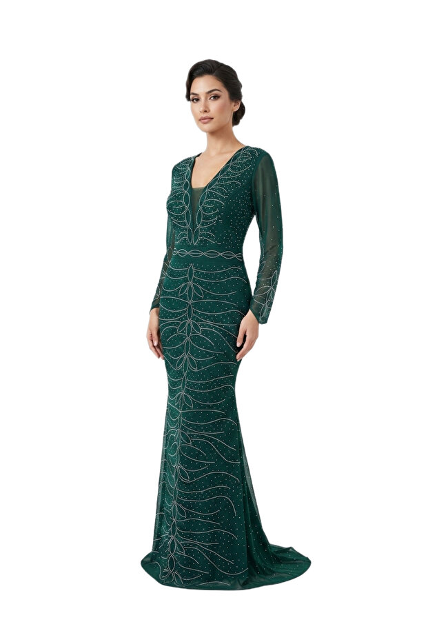 Ivy Sparkle V-Neck Stoned Fish Evening Dress