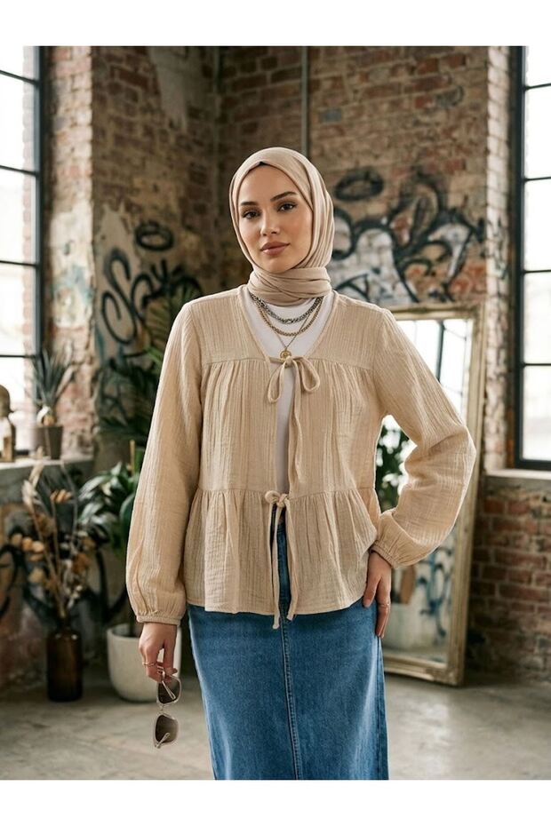 Two-Tie Muslin Tunic-Beige