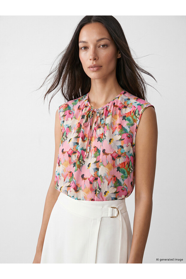 Lcw Studio Pink Tie-Neck Floral Blouse