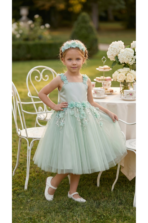 Green Lace Floral Fluffy Girl Evening Dress