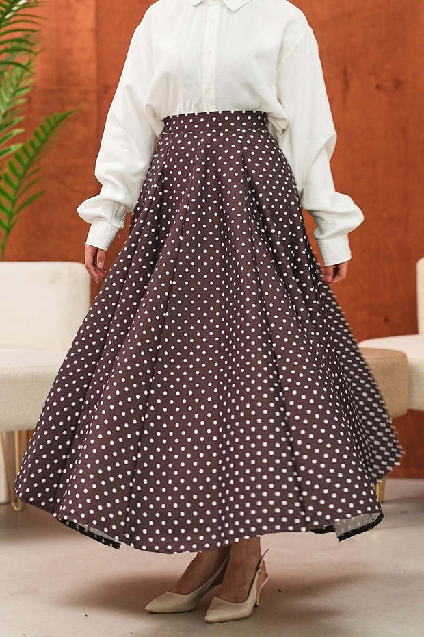 Brown Polka Dot Patterned Flared Skirt