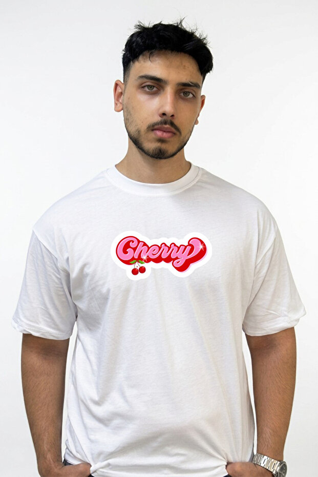 تي شيرت أبيض كبير الحجم مطبوع بتصميم Cherry_2