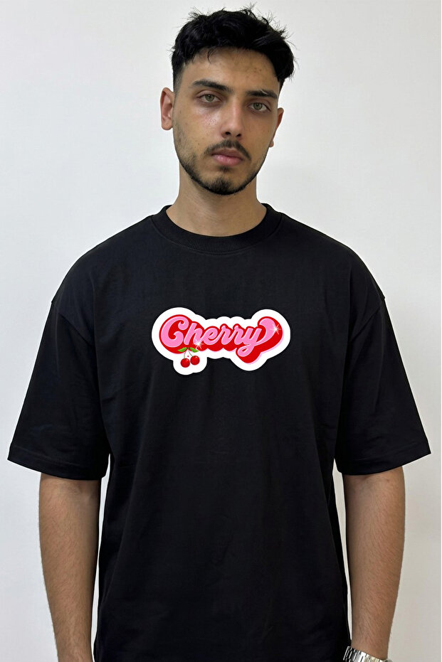 Cherry_2 Design Printed Oversize Black T-Shirt