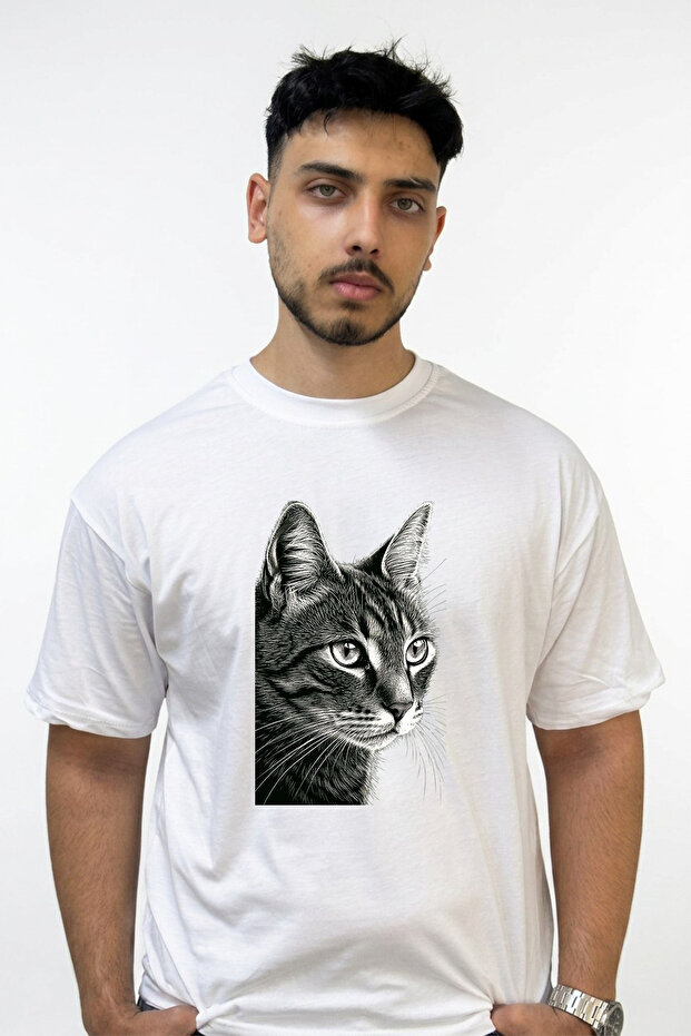 Tabby Cat Art Design Printed Oversize White T-Shirt