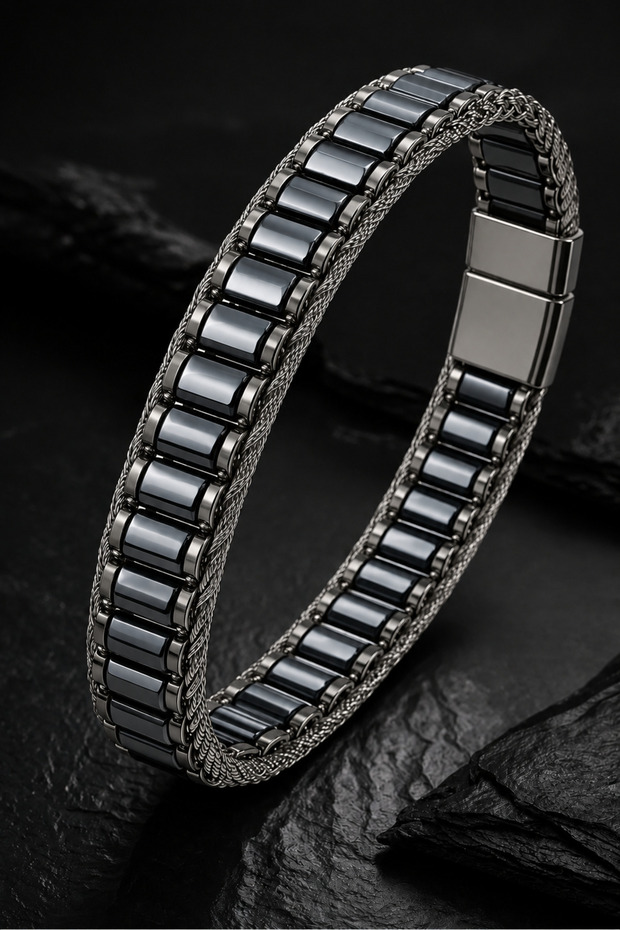 Men's Steel Bracelet with Natural Hematite Stone, Stainless 316 L Premium Bracelet with Special Magnetic Lock
