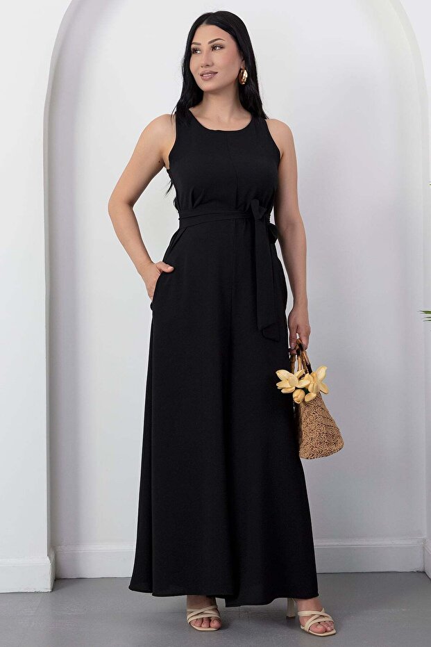 Crew Neck Belted Wide Leg Jumpsuit Grs4017