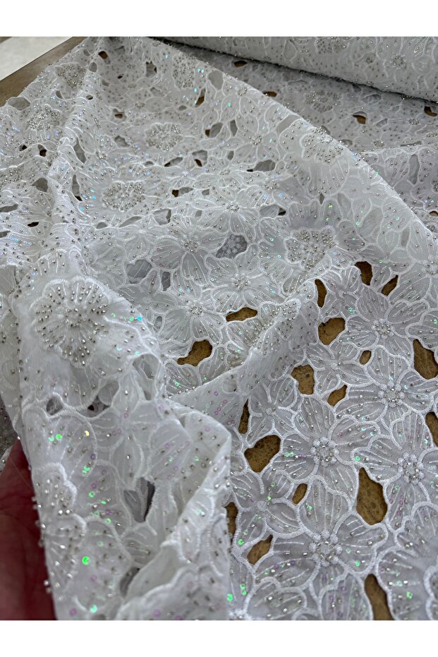 Premium Hologram Sequined and Beaded Floral Wedding Dress Fabric