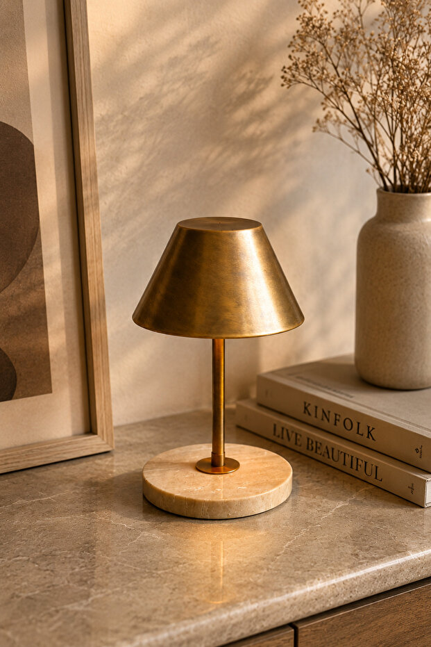 Antique Gold Brass Table Lamp with Beige Marble Base
