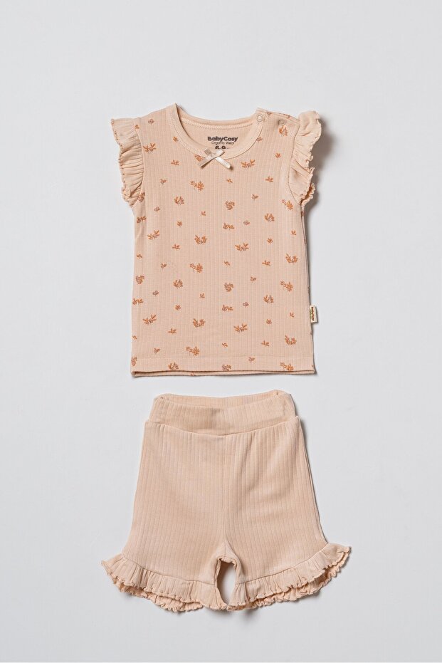 Baby Cotton Salmon Ribbed Ruffle Shorts Set