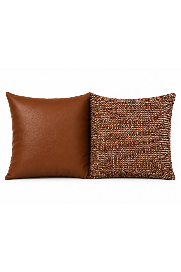Siena Duo Throw Pillow Cover Set - Tan Leather and Textured Fabric Decorative Throw Pillow Cover Set of 2