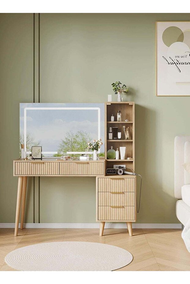 48" Dressing Table with 36" Large Mirror, 3-Color LED Light, 5 Drawers, 2 USB, 2 Sockets
