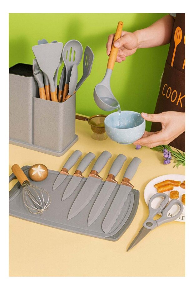 19-Piece Silicone Kitchenware Set with 11 Utensils, 6 Knives, Cutting Board & Holder